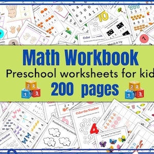 Può includere: Una raccolta di fogli di lavoro di matematica per bambini in età prescolare con illustrazioni colorate. Il titolo "Math Workbook" è visualizzato in grandi lettere blu, con "Preschool worksheets for kids" sotto. Il quaderno contiene 200 pagine.