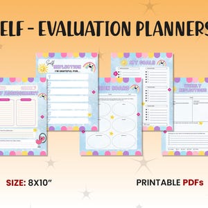 May include: Printable self-evaluation planners with a rainbow and cloud theme. The planners include sections for self-assessment, reflection, goal setting, and weekly reflections. The planners are 8x10 inches.