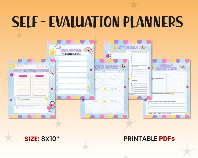 May include: Printable self-evaluation planners with a rainbow and cloud theme. The planners include sections for self-assessment, reflection, goal setting, and weekly reflections. The planners are 8x10 inches.