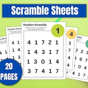 Peut inclure: Plusieurs feuilles de papier blanches avec des &eacute;nigmes de nombres m&eacute;lang&eacute;s. Les feuilles affichent le texte "Number Scramble" et "How many number 1 can you find in the number mix below? Circle them." Un cercle bleu indique "20 PAGES". Une banni&egrave;re bleue indique "Scramble Sheets".