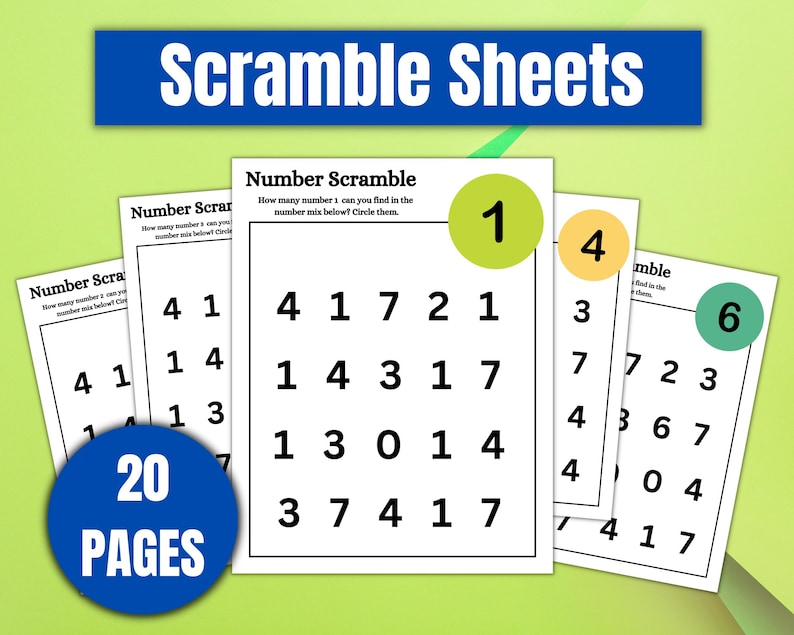 Peut inclure: Plusieurs feuilles de papier blanches avec des &eacute;nigmes de nombres m&eacute;lang&eacute;s. Les feuilles affichent le texte "Number Scramble" et "How many number 1 can you find in the number mix below? Circle them." Un cercle bleu indique "20 PAGES". Une banni&egrave;re bleue indique "Scramble Sheets".