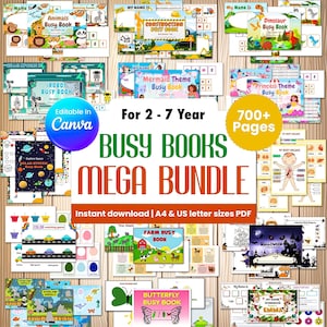 May include: A collection of colorful busy books for children aged 2-7, featuring themes like animals, dinosaurs, robots, and princesses. The mega bundle includes over 700 pages of educational activities, available for instant download in A4 and US letter sizes.