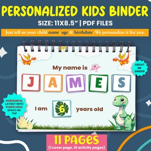 Könnte beinhalten: Personalisierter Kinderordner mit Dinosaurier- und Drachen-Design. Die Titelseite hat einen Platz zum Eintragen des Namens des Kindes, des Alters und einen Platz zum Einfügen eines Fotos. Der Ordner hat 11 Seiten, darunter eine Titelseite und 10 Aktivitätsseiten. Der Ordner ist 27,9 cm x 21,6 cm groß.