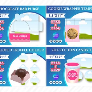 Pu&ograve; includere: Quattro modelli digitali per design di packaging. Include una borsetta per barrette di cioccolato, un involucro per biscotti, un porta tartufi smerlato e un contenitore per zucchero filato. Ogni modello &egrave; etichettato con le sue dimensioni in cm.