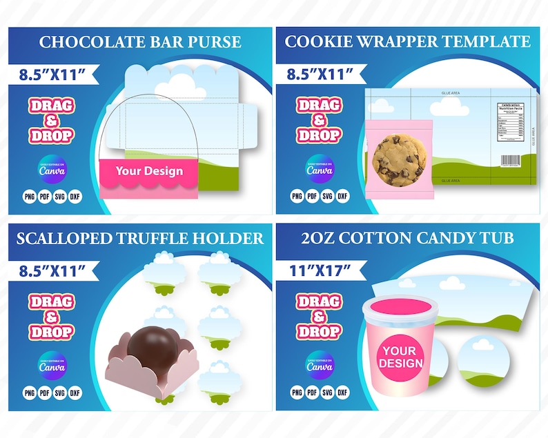 Pu&ograve; includere: Quattro modelli digitali per design di packaging. Include una borsetta per barrette di cioccolato, un involucro per biscotti, un porta tartufi smerlato e un contenitore per zucchero filato. Ogni modello &egrave; etichettato con le sue dimensioni in cm.