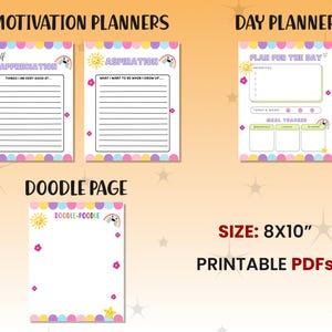 May include: Printable planner pages with a rainbow, sun, and cloud theme. The pages include sections for self-appreciation, aspirations, daily planning, and doodling. The pages are 8x10 inches.
