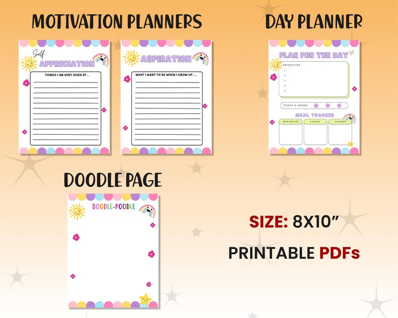 May include: Printable planner pages with a rainbow, sun, and cloud theme. The pages include sections for self-appreciation, aspirations, daily planning, and doodling. The pages are 8x10 inches.