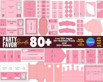 80+ Party Favor Templates Bundle: Etiketten, Taschen, Verpackungen (Canva bearbeitbar)