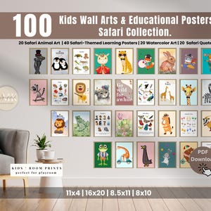 Druckbare Safari Kinderzimmer Wand Kunst Drucke Digitale Kinderzimmer Kunst Baby Tier Drucke Kinderzimmer Kunstwerk Kinderzimmer Wand Kunst Set von 100 Dschungel-Kinderzimmer