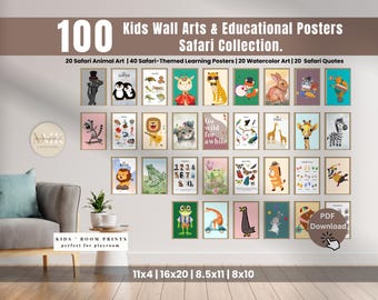 100 Safari Educational Posters for Kids, Montessori Toddler Nursery Wall Art (Digital Download)