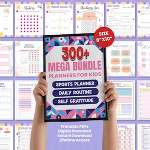 May include: A colourful digital planner bundle for kids with 300+ printable PDFs. The bundle includes planners for sports, daily routines, and self-gratitude. The planners are 8 inches by 10 inches.