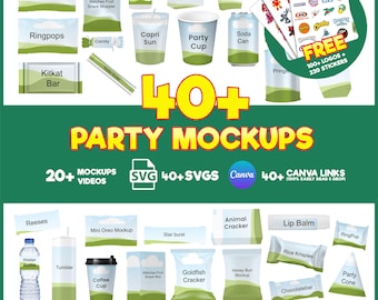 May include: A graphic showcasing various party mockups, including candy, snacks, and drinks. The image features items like M&M Chocolate, Capri Sun, and a KitKat Bar. Text reads "40+ PARTY MOCKUPS" with additional details about included SVG files and Canva links.