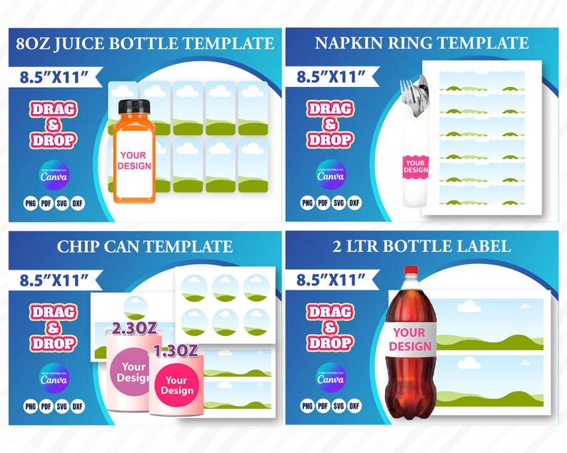 Pu&ograve; includere: Quattro modelli per etichette e confezioni di prodotti, tra cui una bottiglia di succo da 8 once, un anello per tovaglioli, un tubo di patatine e un'etichetta per bottiglia da 2 litri. Ogni modello &egrave; 21,6 cm x 27,9 cm e presenta "Drag & Drop".