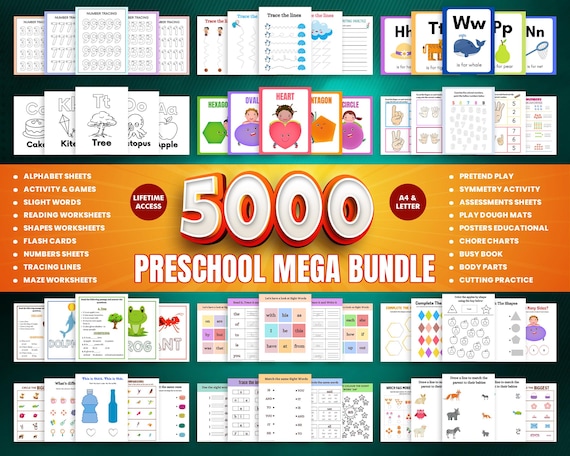 Preschool Homeschool Learning Bundle: 5000+ Activity Worksheets, Educational Posters (Digital Download)
