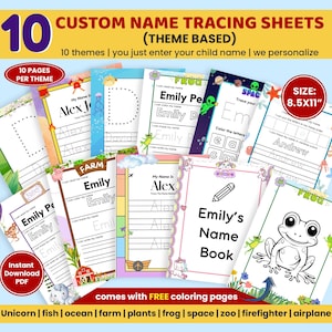 Puede incluir: Una colección de hojas de rastreo de nombres personalizadas con varios temas, incluyendo una rana, un unicornio y una granja. Las hojas miden 21,6 x 27,9 cm e incluyen páginas para colorear gratuitas. El texto de la imagen dice "10 Custom Name Tracing Sheets".