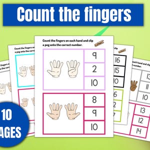 Peut inclure: Feuilles de travail &eacute;ducatives imprimables avec le texte "Count the fingers" dans une banni&egrave;re bleue. Les feuilles de travail pr&eacute;sentent des illustrations de mains et des activit&eacute;s d'association de nombres. L'image comprend le texte "10 PAGES" dans un cercle bleu.
