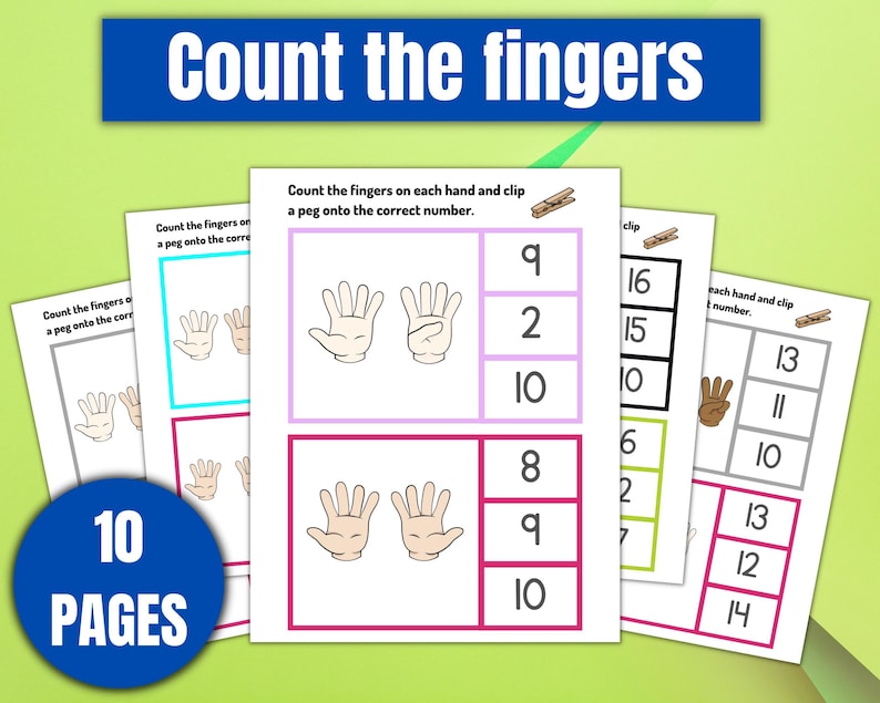 Peut inclure: Feuilles de travail &eacute;ducatives imprimables avec le texte "Count the fingers" dans une banni&egrave;re bleue. Les feuilles de travail pr&eacute;sentent des illustrations de mains et des activit&eacute;s d'association de nombres. L'image comprend le texte "10 PAGES" dans un cercle bleu.