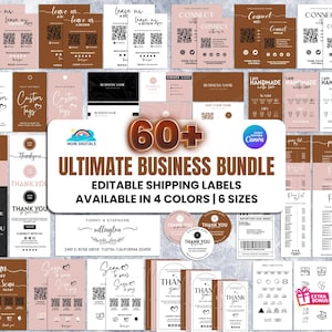 May include: A collection of 60+ editable shipping labels in four colors and six sizes. The labels feature various designs, including thank you cards, price lists, and scan to pay labels. The labels are perfect for small businesses and Etsy sellers.
