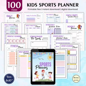 Op de afbeelding: Een digitale download van 100 afdrukbare pagina's met sportplanners voor kinderen. De planners zijn ontworpen met een paars en roze kleurenschema en bevatten illustraties van kinderen die sporten. De planners bevatten pagina's voor dagelijkse, wekelijkse en maandelijkse schema's, evenals fitness trackers, trainingstrackers en een sportbudgetplanner.