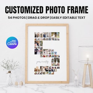 May include: A wooden framed photo collage in the shape of the number 5, filled with 54 photos. The text "CUSTOMIZED PHOTO FRAME" is at the top, with "54 PHOTOS | DRAG & DROP | EASILY EDITABLE TEXT" below. A Canva logo is in the upper left.