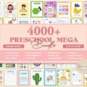 4000+ Preschool Curriculum Pre K Kindergarten Learning Bundle Toddler Homeschool Tutoring Activity Worksheets Alphabet Numbers Shapes Colors