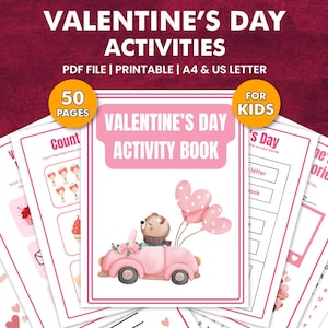Pode incluir: Um livro de atividades para o Dia dos Namorados para crianças, imprimível em rosa e branco. A capa apresenta um urso de desenho animado dirigindo um carro rosa com balões rosas. O livro tem 50 páginas e inclui atividades como contar, procurar palavras e colorir.