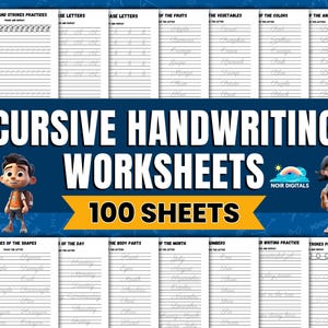 Könnte beinhalten: Ein Satz von 100 Schreibübungen in Kursivschrift für Kinder. Die Arbeitsblätter beinhalten verschiedene Themen, darunter Formen, Buchstaben, Früchte, Gemüse, Farben, Tiere, Wochentage, Körperteile, Monate des Jahres und Zahlen. Die Arbeitsblätter sollen Kindern helfen, die Schreibschrift zu lernen und zu üben.