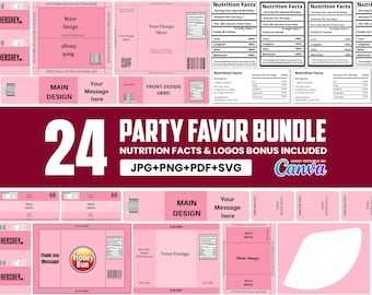 Pacchetto di modelli per bomboniere: sacchetto di patatine, bottiglia d'acqua, anello lecca (modificabile con Canva, download digitale)