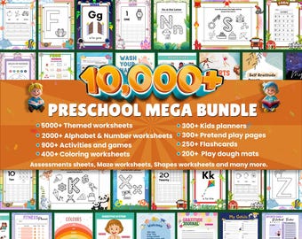 10000+ Preschool Worksheets Pre K Curriculum Kindergarten Learning Bundle Toddler Homeschool Tutoring Activity Worksheets Alphabet Numbers