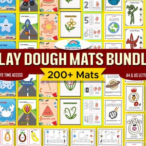 May include: A colourful set of 200+ play dough mats for children. The mats feature various themes, including animals, letters, numbers, and shapes. The mats are designed to be used with play dough to help children learn and develop fine motor skills. The mats are available in A4 and US letter sizes.