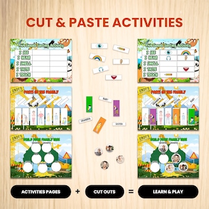 Educational activity set with colourful cut-out pieces and activity pages. Includes "Five Senses Sorting Activity", "Parts of the Family", and "Build Your Family Tree" games. Features text: "CUT & PASTE ACTIVITIES", "ACTIVITIES PAGES + CUT OUTS = LEARN & PLAY".