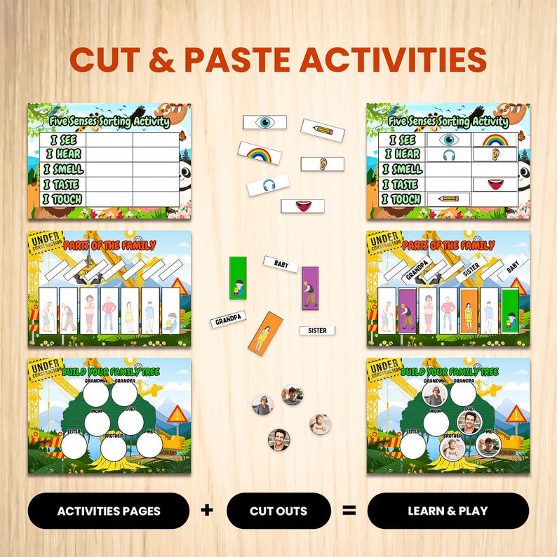 Educational activity set with colourful cut-out pieces and activity pages. Includes "Five Senses Sorting Activity", "Parts of the Family", and "Build Your Family Tree" games. Features text: "CUT & PASTE ACTIVITIES", "ACTIVITIES PAGES + CUT OUTS = LEARN & PLAY".