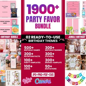 Paquete de más de 1900 plantillas para regalos de fiesta, regalos de fiesta, plantillas para bolsas de chips, etiquetas para botellas de agua, plantillas para cajas de zapatos, información nutricional, Canva editable