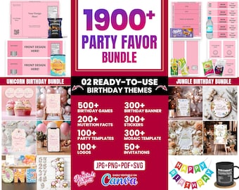 Modelli per bomboniere, inviti di compleanno, striscioni, adesivi, etichette, dolcetti per feste, bomboniere per feste di compleanno a tema unicorno, modificabili su Canva