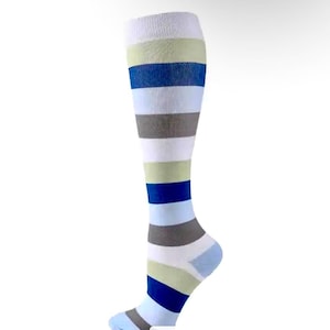 May include: Striped knee-high socks in white, light blue, gray, and dark blue.