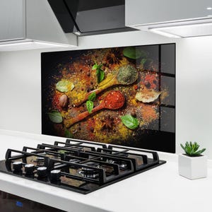 ARTHUB® Glass Kitchen Splashback, Tempered Glass 5mm | Heat Resistant, Stove Splash Guard, Wall Protector, Food, Oriental Spices