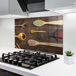 ARTHUB® Glass Kitchen Splashback, Tempered Glass 5mm | Heat Resistant, Stove Splash Guard, Wall Protector, Food, Spices Beans