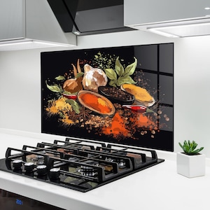 ARTHUB® Glass Kitchen Splashback, Tempered Glass 4mm | Heat Resistant, Stove Splash Guard, Wall Protector, Food, Pretty Spices