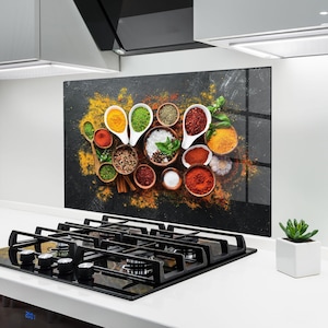 ARTHUB® Glass Kitchen Splashback, Tempered Glass 5mm | Heat Resistant, Stove Splash Guard, Wall Protector, Food, Colorful Herbs Spices