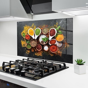 ARTHUB® Protector contra salpicaduras de vidrio para cocina, vidrio templado de 4 mm / resistente al calor, protector de pared para cocina, alimentos, hierbas y especias de colores