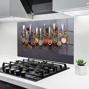 ARTHUB® Glass Kitchen Splashback, Tempered Glass 5mm | Heat Resistant, Stove Splash Guard, Wall Protector, Food, Spices Black Board
