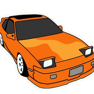 May include: A bright orange car with a black interior and white wheels. The car has a black sunroof and a black bumper.