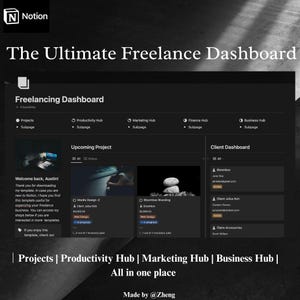 May include: A dark gray screen shot of a Notion dashboard with the text "The Ultimate Freelance Dashboard" at the top. The dashboard is divided into sections for projects, productivity, marketing, finance, and business. Each section has a list of subpages. The dashboard also includes a section for upcoming projects and a client dashboard.