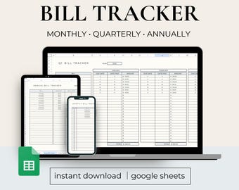 May include: A digital download of a Google Sheets bill tracker template. The template is designed to help users track their bills on a monthly, quarterly, and annual basis. The image shows three different versions of the template: a monthly, quarterly, and annual bill tracker.