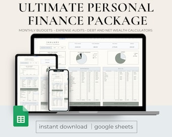 Könnte beinhalten: Eine digitale Illustration eines Laptops, Tablets und Smartphones, die eine Google Sheets-Tabelle mit dem Text "JANUARY FINANCIAL OVERVIEW" anzeigen. Das Bild enthält auch den Text "ULTIMATE PERSONAL FINANCE PACKAGE" und "MONTHLY BUDGETS EXPENSE AUDITS DEBT AND NET WEALTH CALCULATORS". Der Text "instant download | google sheets" ist ebenfalls im Bild enthalten.