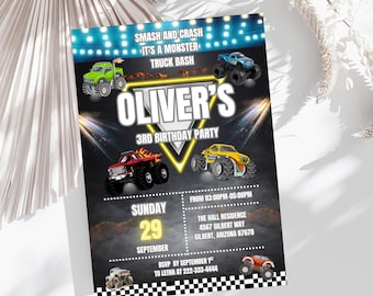 Monster Truck Birthday Invitation, Monster Truck Party Invite, Kids Truck Birthday Party, Editable Canva Template, Digital Download
