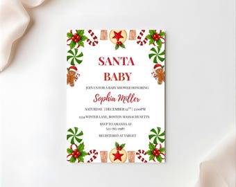 Santa Baby Shower Invitation, Christmas Baby Shower Invite, Holiday Baby Shower Template, Winter Wonderland Invitation, Editable Download