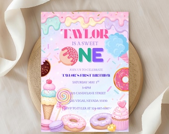 May include: A colorful birthday invitation with the text "TAYLOR IS A SWEET ONE." The design features donuts, ice cream, and candy. The invitation includes the date, time, and location of the party.