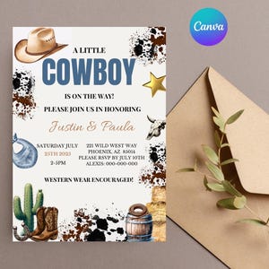 Editable Cowboy Baby Shower Invitation, Little Cowboy Baby Shower Invite, Western Rodeo Wild West Country Boy Blue Theme