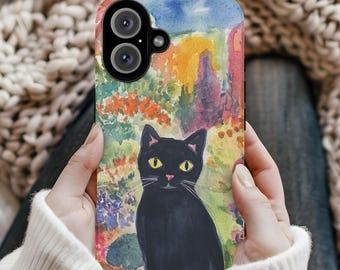 Black Cat Phone Case ,Watercolor Art iPhone Case, Cute Cat Lover Gift, Colorful Floral Aesthetic Cover, Artistic Cat Phone Case